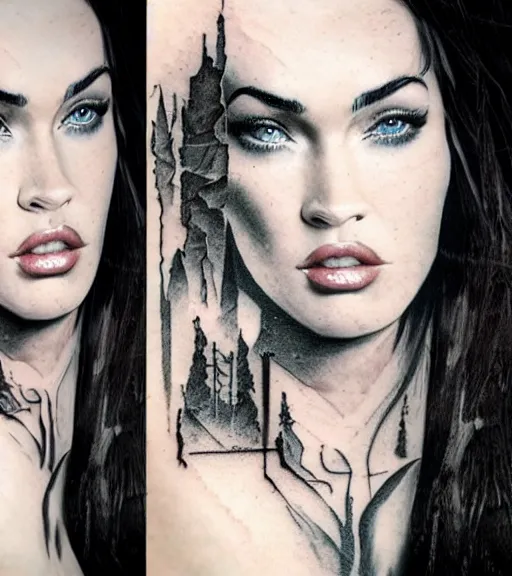 Image similar to megan fox face double exposure with beautiful mountains, realism tattoo sketch, in the style of matteo pasqualin, amazing detail, sharp, faded