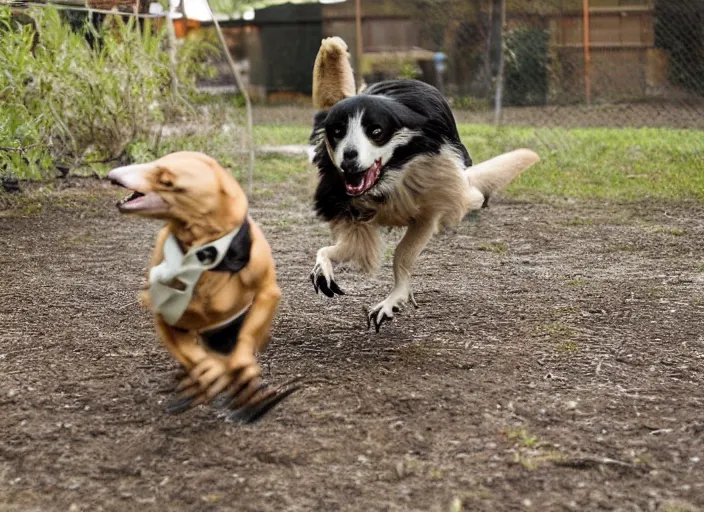 Image similar to photo of a dog playing with a velociraptor