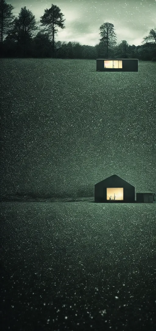 Prompt: a house wrapped in foil in a middle of a field cinematic dark photography detailed creepy