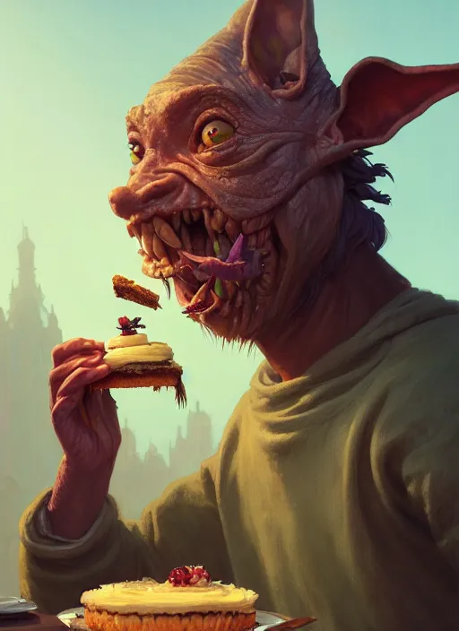 Image similar to highly detailed portrait of a medieval goblin eating cakes, stephen bliss, unreal engine, greg rutkowski, loish, rhads, beeple, makoto shinkai and lois van baarle, ilya kuvshinov, rossdraws, tom bagshaw, tom whalen, alphonse mucha, global illumination, god rays, detailed and intricate environment