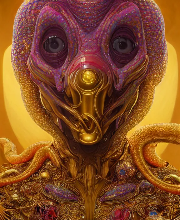 Image similar to intricate golden portrait of a disturbing beautiful alien snake creature covered in colorful crystals, mottling coloring, adorable, childlike, medical equipment hospital environment, ultra realistic, concept art, art nouveau, photorealistic, octane render, 8 k, unreal engine. art by christopher marley and artgerm and greg rutkowski and alphonse mucha