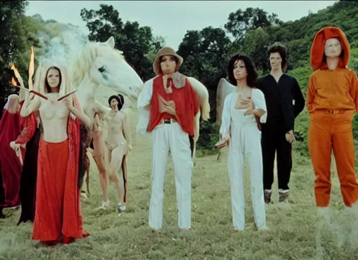 Image similar to 3 5 mm still from art house film by alejandro jodorowsky, wong kar - wai and wes anderson : : sensual scene in a picturesque outdoors setting : : fire, painted horse, high priestesses, smoke, debauchery, birds : : close - up of the actors'faces : : technicolor, 8 k