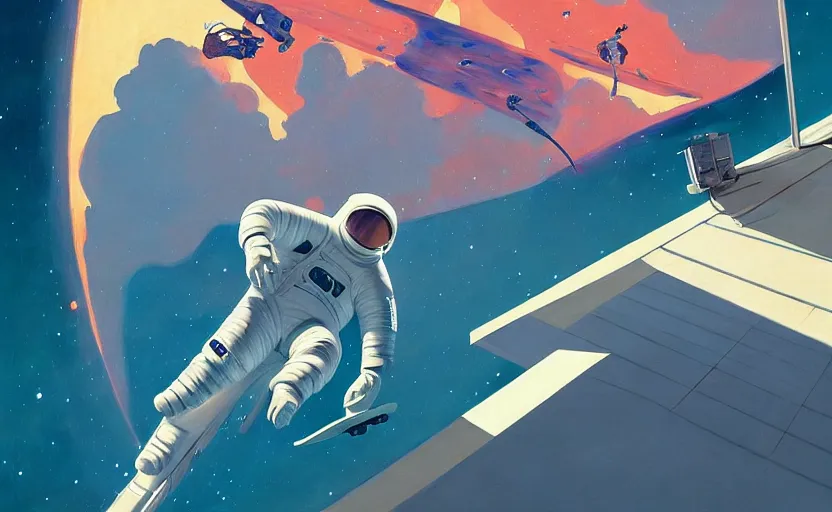 Image similar to an astronaut skate boarding in space, very coherent, painted by Edward Hopper, Wayne Barlowe, painted by James Gilleard, airbrush, art by JamesJean