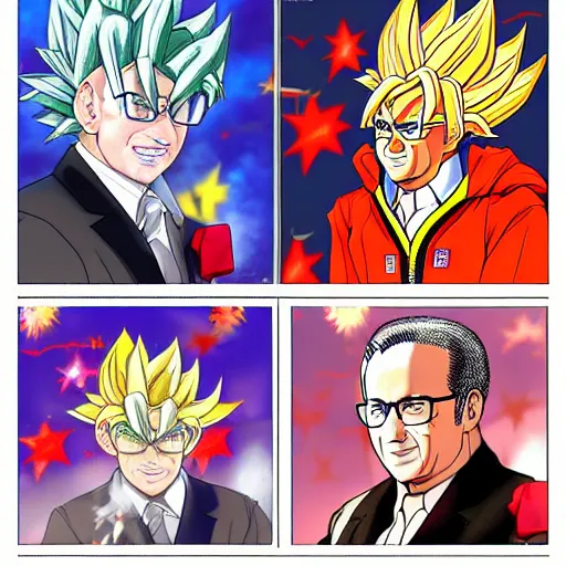 Image similar to François hollande transforming into super saiyan, drew by akira toryama