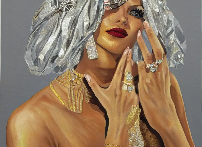 Image similar to painting of a female wearing hundreds of gold and platinum rings, by alex petruk