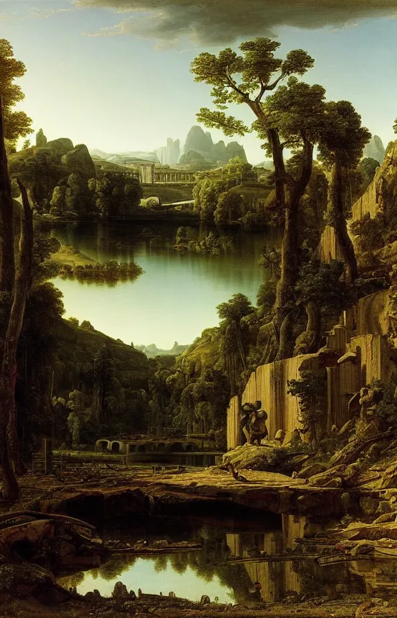 Prompt: classical landscape paintings of brutalist concrete structures, masterpiece, insanely detailed and intricate, by eugene von guerard, asher brown durand and charles - francois daubigny