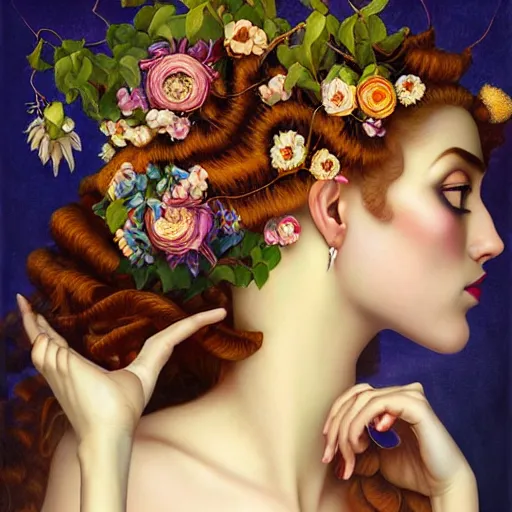 Image similar to dynamic composition, a painting of woman with hair of ( summer flowers )!! and vines wearing ornate earrings, ornate gilded details, a surrealist painting by tom bagshaw and jacek yerga and tamara de lempicka and jesse king, featured on cgsociety, pop surrealism, surrealist, dramatic lighting, wiccan, pre - raphaelite