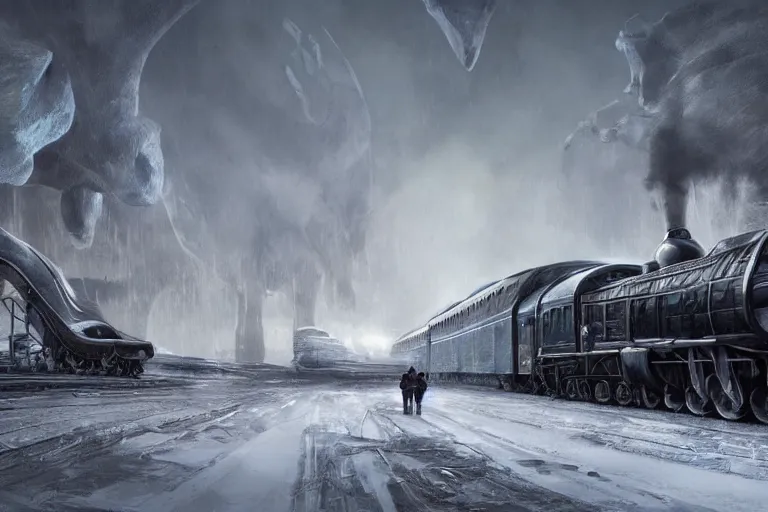 Prompt: a grand intricate futuristic black steam train and a giant mammoth, post - apocalyptic ice landscape in snowstorm, concept art, artstation, highly detailed, digital art