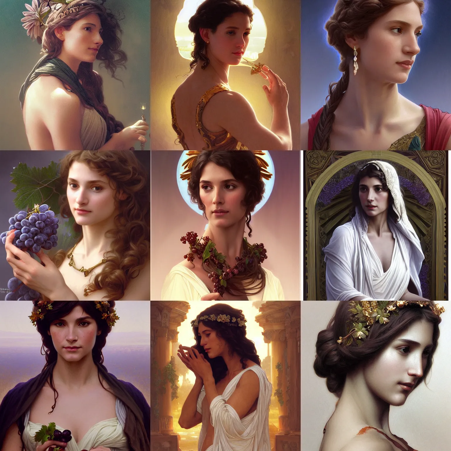 Prompt: portrait of a greek goddess, harrison ford, grapes, intricate, elegant, highly detailed, digital painting, artstation, concept art, smooth, sharp focus, illustration, art by artgerm and greg rutkowski and alphonse mucha and william - adolphe bouguereau