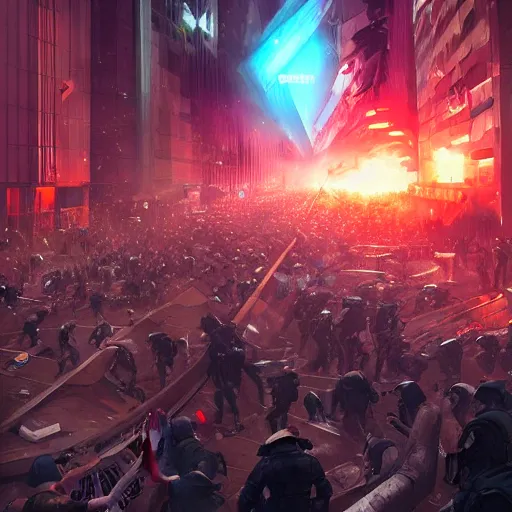 Image similar to protesters clashing with police, detailed digital illustration by greg rutkowski, android netrunner