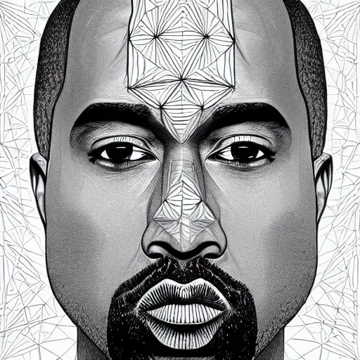 Image similar to Geometrically surreal Kanye West, extremely high detail, photorealistic, intricate line drawings, dotart, album art in the style of James Jean