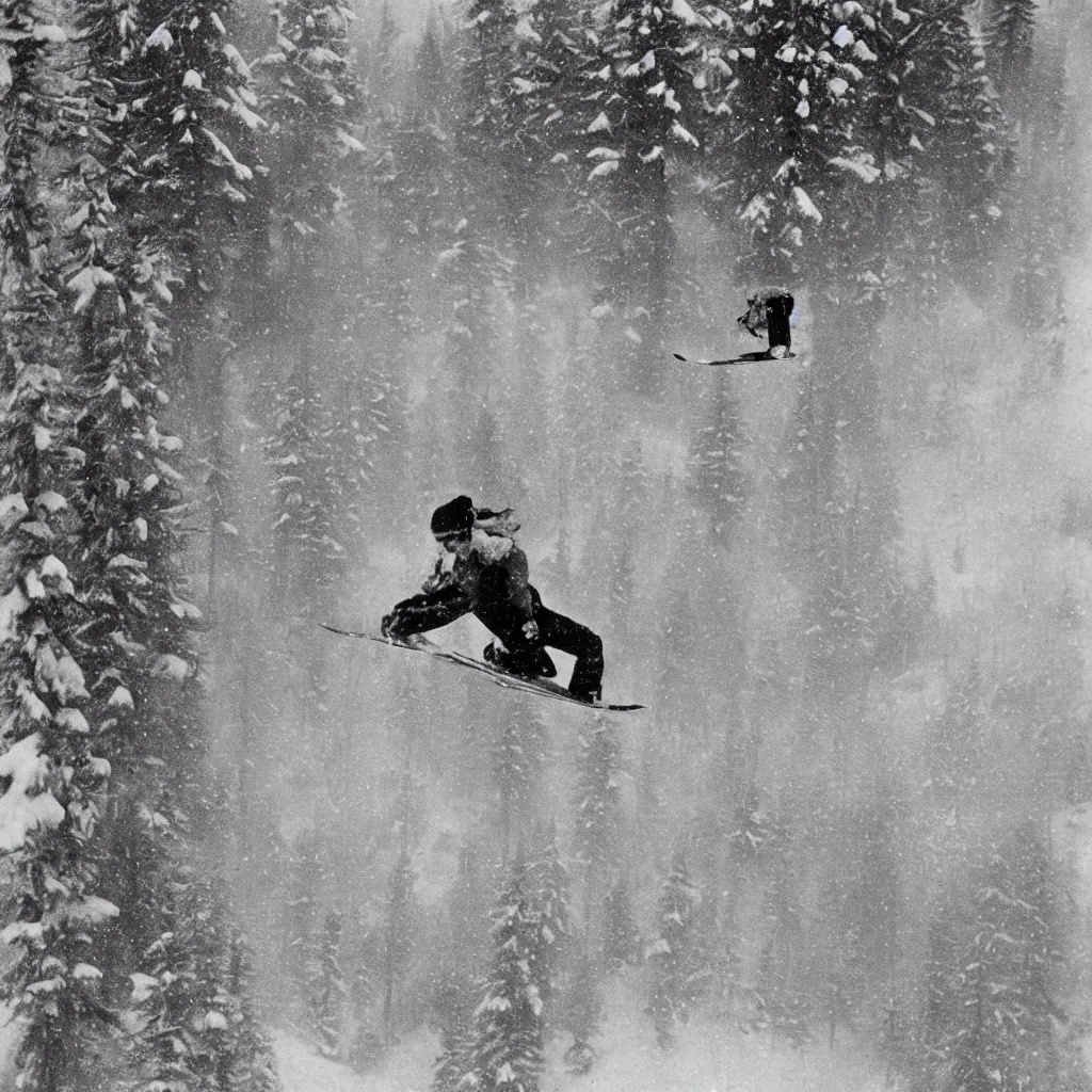 Image similar to world's first photo of ski - jumper flying thru air from a jump, spruce forest surroundings, snowy atmosphere, cold, winter, 1 9 1 3, finland