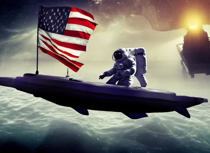 Image similar to astronaut underwater holding a flag in the bottom of the ocean. a submarine is visible in the distance. dark, concept art, cinematic, dramatic, atmospheric, 8 k, trending on artstation, low visibility, fog, ocean floor, christopher nolan, interstellar