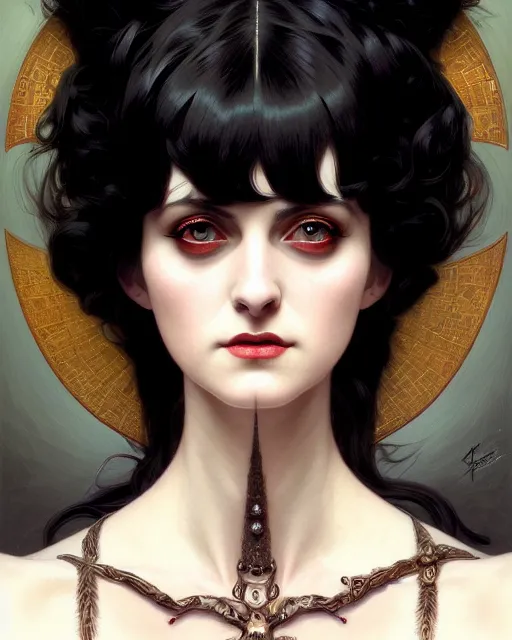 Image similar to symmetry portrait of lydia deetz, glam, gothic, glowing skin intricate, elegant, highly detailed, digital painting, artstation, concept art, smooth, sharp focus, illustration, art by artgerm and greg rutkowski and fra angelico and alphonse mucha