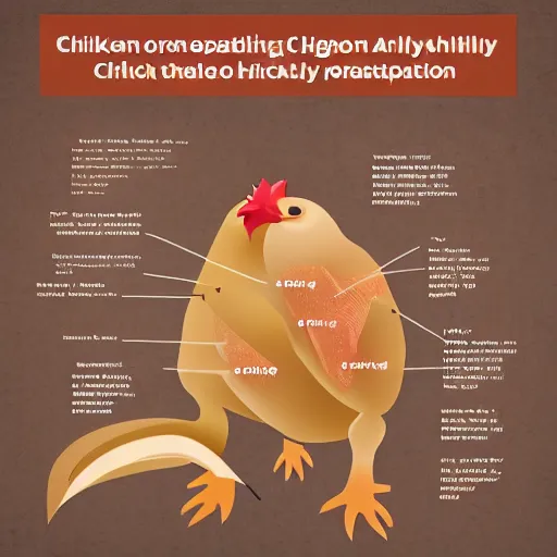 Image similar to infographic draw cut in half of a chicken explaining function and organs position, higly detailed, 8 k, photorealistic, art concept, artstation, sharp focus