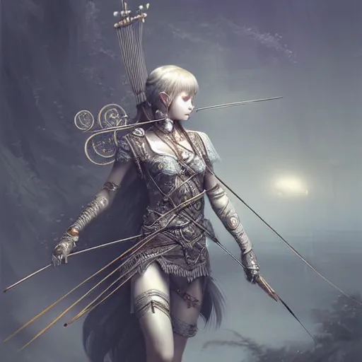 Prompt: beautiful extremely detailed intricate concept art depicting an archer by wlop. shining jewelry. grey atmosphere. particles in the background. bcy. net