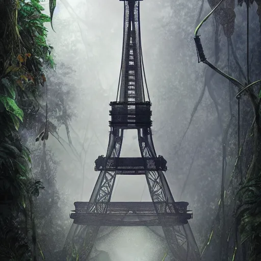 Prompt: steampunk mechanical machine reminiscent of eiffel tower surrounded by dense mystic forest with lush vegetation and vines hanging from tree branches, fog, desaturated, creepy ambiance, sharp focus, highly detailed, artgerm, cgsociety, desaturated, adventure, giger