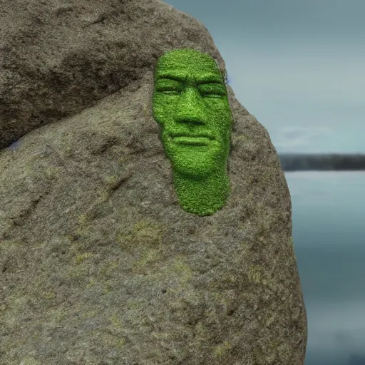 Image similar to a grey mossy rock with the face of dwayne johnson, shot on iphone 1