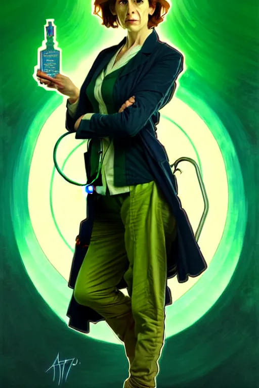 Prompt: doctor who, woman, as a mad dentist, on a plain green background, art by artgerm and greg rutkowski and alphonse mucha