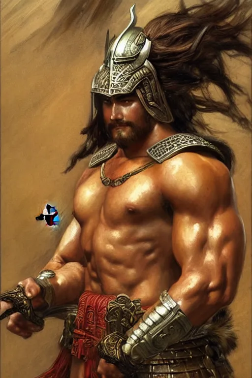 Image similar to attractive beefy male with armor, ancient china, three kingdoms, character design, painting by gaston bussiere, craig mullins, j. c. leyendecker, tom of finland