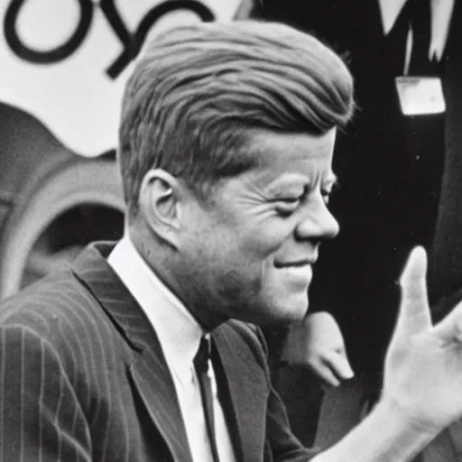 Image similar to jfk with a gen z zoomer haircut curly fade throwing up gang signs