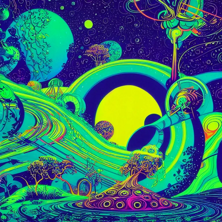 Image similar to psychedelic ringed planet, bright neon colors, highly detailed, cinematic, eyvind earle, tim white, philippe druillet, roger dean, lisa frank, aubrey beardsley