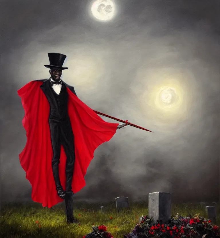 Prompt: a realistic oil painting of a black man in a cemetery at night wearing a top hat that hides his face and a black and red cape while holding a trident, digital art, realistic, detailed, moonlight.