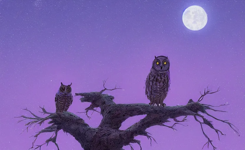 Image similar to owl in tree with moon staring down and the sky is purple, low level, rendered by beeple, makoto shinkai, syd meade, simon stalenhag, synthwave style, digital art, unreal engine, wlop, trending on artstation, 4 k uhd image, octane render,