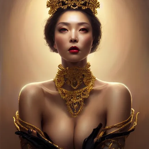 Prompt: expressive oil painting, of alluring european princess, seductive look, smooth glowing skin, glistening body, love, adoration, ornate headpiece made of black beads, glamour shot, ample bosom, by yoshitaka amano, by greg rutkowski, by jeremyg lipkinng, by artgerm, digital art, octane render, white dress