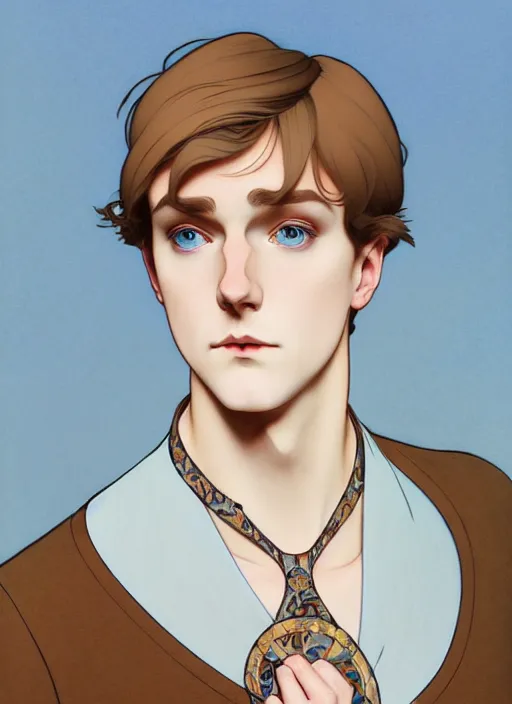 Image similar to art nouveau portrait of a pretty young man with short light brown straw blond hair, light blue eyes, sad expression, scared, head down, shy and demure, wearing a choker collar, natural lighting, path traced, highly detailed, high quality, cartoon, digital painting, by don bluth and ross tran and studio ghibli and alphonse mucha