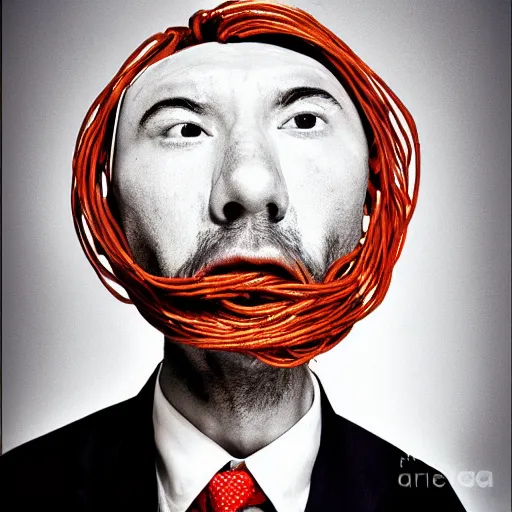 Prompt: spaghetti face man in a suit by john rafman in color, portrait, film photography, direct flash, highly detailed, sharp,