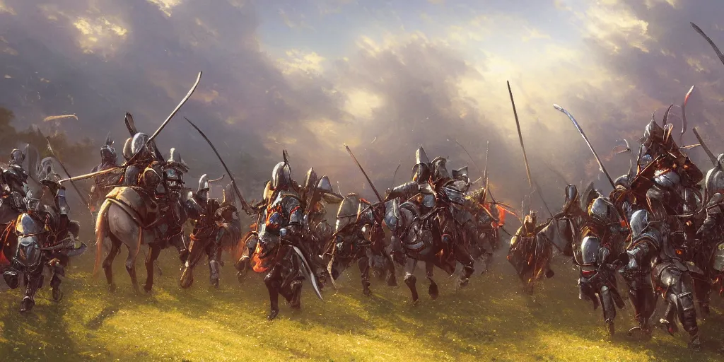 Prompt: a bunch of knights and samurais standing still on a field by thomas kinkade, trending on artstation
