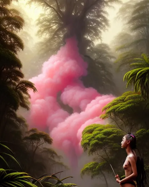 Image similar to a hyper - detailed 3 d render like an oil painting of tribe member portrait in a tropical forest with pink smoke!!!!! surreal concept art, lifelike, photorealistic, digital painting, aesthetic, smooth, sharp focus, artstation hd, by greg rutkowski, bruce pennington, valentina remenar, rhads, asher duran,