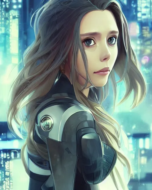 Prompt: anime key visual of elizabeth olsen police officer, cyberpunk, futuristic, perfect eyes, stunning features, very very very very perfect face!!!, high details, digital painting, artstation, smooth face, soft focus, illustration, art by artgerm and greg rutkowski and alphonse mucha