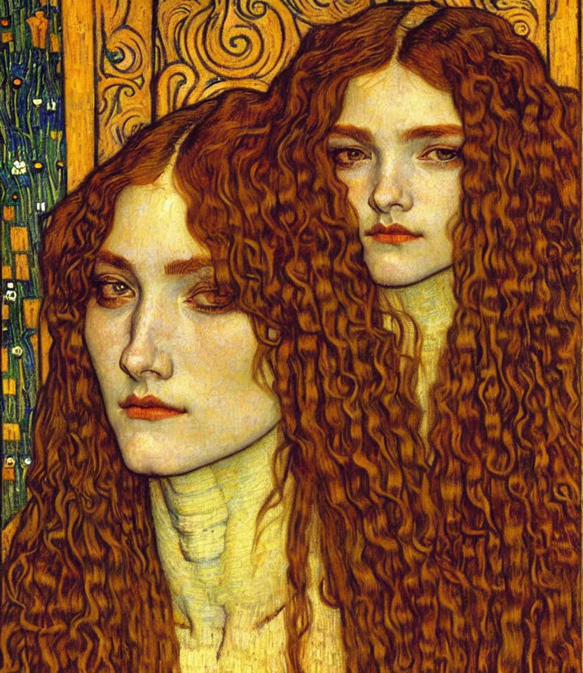 Image similar to detailed realistic beautiful young medieval queen face portrait by jean delville, gustav klimt and vincent van gogh, art nouveau, symbolist, visionary, gothic, pre - raphaelite, muted earthy colors, desaturated