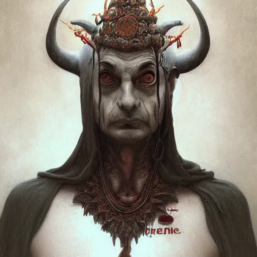 Prompt: A sensual Satanic Mr. Bean, fullbody, psychedelic, intricate, horror, highly detailed, artstation, concept art, smooth, sharp focus, illustration, art by greg rutkowski and orientalism and bouguereau and Zdzislaw Beksinski, good clear quality, lighting, horror, evil, biology, symmetrical artwork, perfect face, 135 mm, cinematic, hyper realism, high detail, octane render, 8k, chrome accents