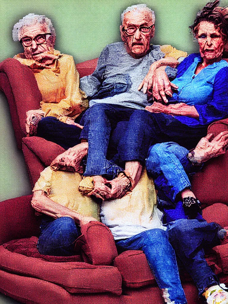 Prompt: corrupted pixelated glitch photo of a very old couple sitting on a couch, psx game graphics , part by Adrian Ghenie