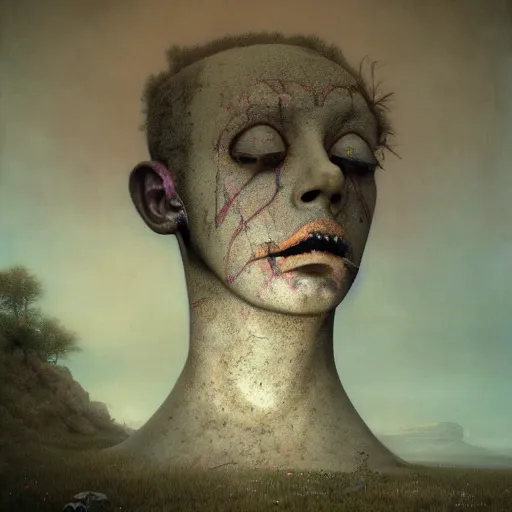 Image similar to whimsical chromatic hyperrealistic surrealism, clown, David Friedrich, award winning masterpiece with incredible details, Zhang Kechun, a surreal vaporwave vaporwave vaporwave vaporwave vaporwave painting by Thomas Cole of a gigantic broken mannequin head sculpture in ruins, astronaut lost in liminal space, highly detailed, trending on ArtStation