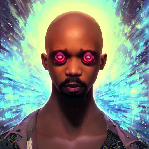 Image similar to bald afro - cyberpunk man with a goatee, manifesting dreams with ancestral magic in a modern world | hyperrealistic oil painting | by makoto shinkai, ilya kuvshinov, lois van baarle, rossdraws, basquiat | afrofuturism, in the style of surrealism, trending on artstation | dark color scheme