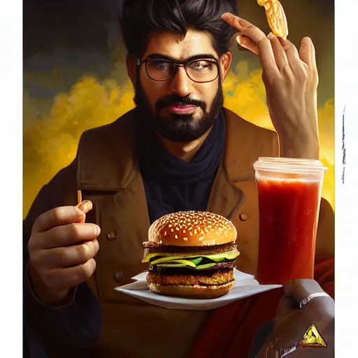 Prompt: portrait of Mohammed eating big mac hamburgers, extra onions and ketchup, luscious patty with sesame seeds, ethereal, handsome, D&D, fantasy, intricate, elegant, highly detailed, digital painting, artstation, concept art, matte, sharp focus, illustration, art by Artgerm and Greg Rutkowski and Alphonse Mucha