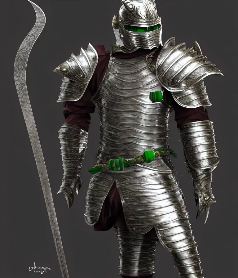 Image similar to 8 k ultrarealistic character concept of a tiger knight in silver armor and jade leather