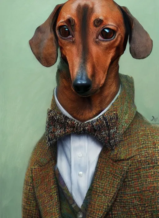 Prompt: dachshund with a raised highbrow, wearing a tweed jacket, wearing a monocle | highly detailed | very intricate | elaborate outfit | symmetrical | cinematic lighting | award - winning | closeup portrait | painted by donato giancola and mandy jurgens and charlie bowater | featured on artstation