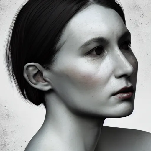 Prompt: a womans face in profile made of leaf skeleton in the style of the beeple and wlop, octane render, trending in art station, charcoal, beautiful