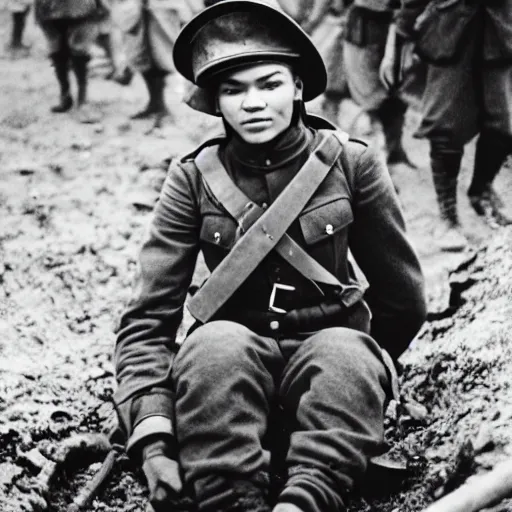 Image similar to Zendaya as a soldier, ww1 trench, war photo, film grain