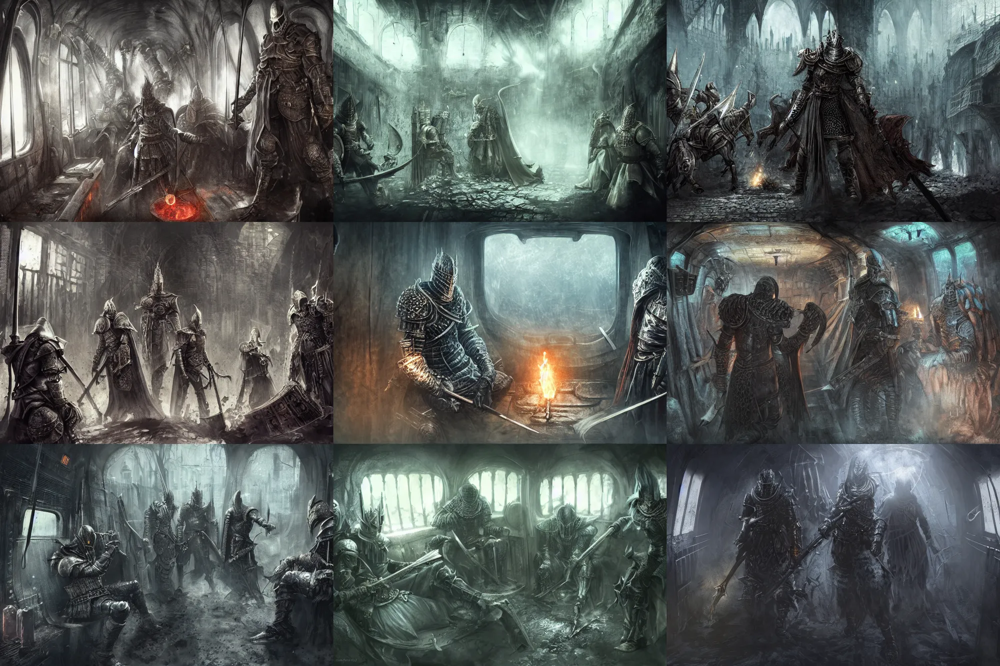 Prompt: dark souls various knights and ghouls sitting in the bus concept art artwork by masanori warugai, intricate detailed 4 k, soft light, volumetric fog, soft glow, eerie, metro, inside of a metro train, urban fantasy