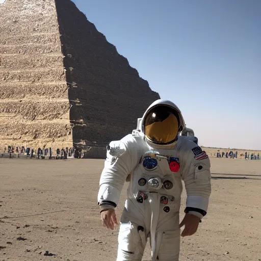 Prompt: an astronaut is standing on a pyramid