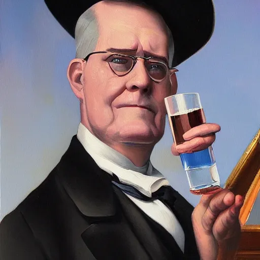 Image similar to painting of a portrait ofVictorian Era president Hank Hill drinking a Pabst Blue Ribbon beer, realistic