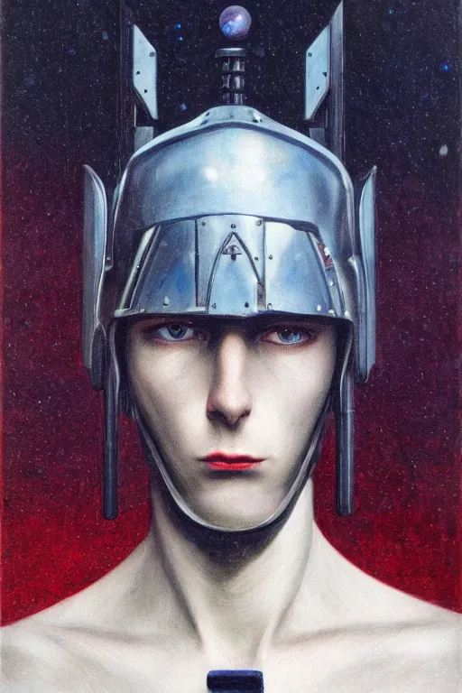 Prompt: portrait of beautiful gothic and futuristic young man, warhammer, cyber armor, a lot of scars, thunderstorm, blue head, red eyes, the middle ages, highly detailed, artstation, illustration, more and more compostion, 8 k quality, art by rene magritte, jean delville