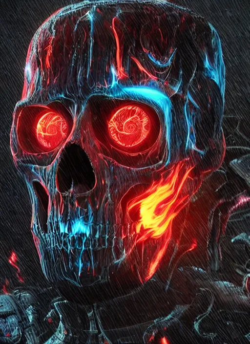 Image similar to a futuristic skull with glowing eyes and a flame fire background, cyberpunk art by android jones, behance contest winner, computer art, darksynth, synthwave, rendered in cinema 4 d