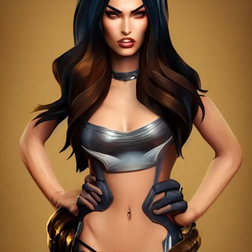 Image similar to character sheet of Megan Fox as a character in the game League of Legends, with a background based on the game League of Legends, 3d render, octane render, iRay, ray tracing, realistic, highly detailed, trending on artstation, 4k, cgsociety, unreal engine 5, redshift render, blender cycles, behance, cg